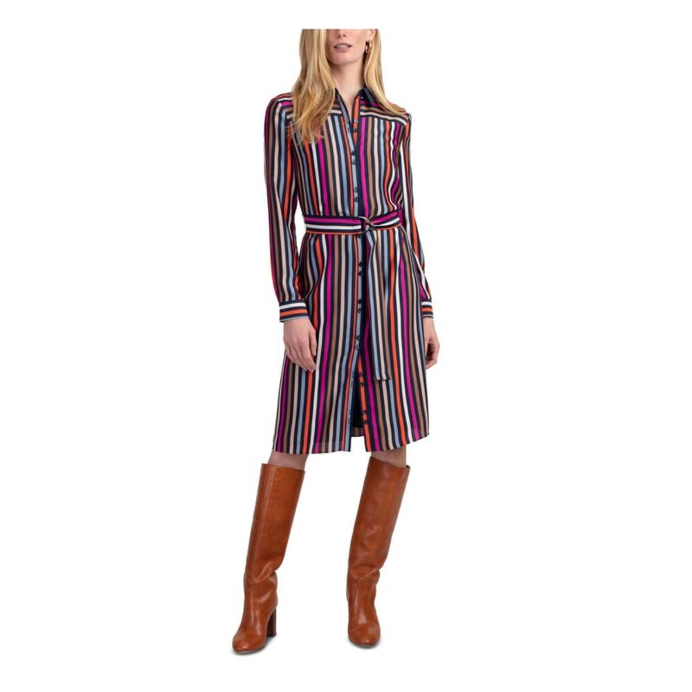 TRINA TURK Womens Navy Striped Cuffed Knee Length Shirt Dress Size: 0 - Picture 1 of 2